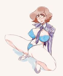 brellom brellom_(character) brellomascot brells artist_self-insert glasses big_breasts light-skinned_female female brown_hair digital_drawing_(artwork) original_character original beauty_mark beauty_mark_on_breasts lingerie lingerie_under_clothes business_suit business_woman bottomless_male tie presenting squatting spread_legs nipple_bulge blushing 1girls nervous