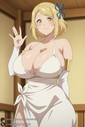 1girl breasts blonde_hair yellow_eyes dress solo cleavage white_dress smile short_hair looking_at_viewer huge_breasts bare_shoulders blush jewelry ring detached_sleeves bangs hair_ribbon waving ribbon large_breasts closed_mouth isekai_nonbiri_nouka tia_(isekai_nonbiri_nouka) unjobdespiert ai_generated 1female curvy huge_ass big_breasts big_ass 1girls 2026 artist_name watermark hi_res highres high_quality high_resolution patreon_username patreon