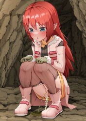 1girl absurdres black_pantyhose blue_eyes blush coat commentary_request gloves green_gloves highres pantyhose pantyhose_around_legs parted_lips pee peeing pink_coat pink_shoes pointacid_(po_yin_to) pointy_ears pussy red_hair rune_factory rune_factory_3 scarf shoes skirt squatting toona variant_set