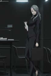 digitalwaifugallery ai_generated patreon seductive sexy uncensored watermark hi_res high_quality high_resolution sae_niijima atlus 1girl solo high_heels long_hair grey_hair suit formal pants office lipstick indoors holding black_pants jacket red_lips chair black_footwear office_chair looking_at_viewer desk black_jacket breasts swivel_chair office_lady makeup paper long_sleeves standing folder bag full_body shirt black_shirt business_suit grey_eyes jewelry