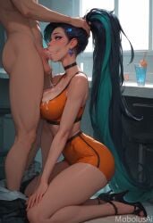 ai_generated bar big_breasts blowjob choker cock cock_worship cum cum_in_mouth cum_on_breasts cum_strand cumming cumshot deep_throat deepthroat enjoying_giving_oral eyeroll female hand_on_head k/da_all_out_kai'sa kai'sa kneeling kneeling_oral_position league_of_legends mobolusai multicolored_hair ponytail purple_eyes shorts skinny sports_bra sportswear thighs waitress