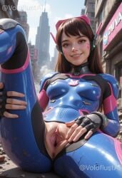 1girl ai_generated anus bangs blue_bodysuit bodysuit breasts brown_eyes brown_hair building bunny_print city clitoral_hood clitoris d.va d.va_(overwatch) day facepaint facial_mark fingerless_gloves gloves grin headphones lips long_hair looking_at_viewer medium_breasts nose outdoors overwatch overwatch_2 parted_lips pilot_suit presenting pussy pussy_focus realistic ribbed_bodysuit shiny shiny_clothes sitting skin_tight smile solo spread_legs spread_pussy swept_bangs teeth torn_bodysuit torn_clothes uncensored urethra vagina vagina_focus voloflustai whisker_markings