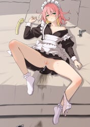 1girl after_sex anal anal_beads anal_object_insertion ankle_socks apron aqua_eyes arm_at_side black_dress blush censored closed_mouth clothes_lift colored_inner_hair cum dildo dress dress_lift frilled_socks frills fukouko_(keisuke309) full_body hand_up hickey highres keisuke309 knee_up looking_at_viewer lying maid maid_apron maid_headdress mosaic_censoring multicolored_hair no_panties object_insertion on_back on_bed original panties panties_around_one_leg panty_tag partially_unzipped pee_stain pink_hair pink_panties pussy sex_toy socks solo spread_legs stained_panties stained_sheets underwear white_apron white_socks