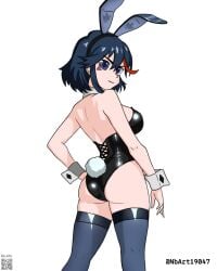 1girls 1girl black_hair black-haired_female blue_eyes blue-eyed_female smile smiling smiley_face smiling_at_viewer closed_mouth_smile light_smile slight_smile tilted_head head_tilt looking_back looking_back_at_viewer bunnygirl bunny_costume bunnygirl_outfit bunny_tail bunnysuit leotard topwear bunny_ears black_bunnysuit black_leotard black_topwear black_bunny_ears black_hairband collar white_collar wrist_cuffs white_wrist_cuffs ass butt ass_cleavage ass_crack thick_ass thick_butt gluteal_fold thighhighs thigh_highs legwear stockings black_thighhighs black_thigh_highs black_legwear black_stockings back median_furrow kill_la_kill matoi_ryuuko red_hair red-haired_female multicolored_hair busty busty_female busty_girl busty_teen teenage_tits teenager teenage_girl teen_girl young_female young_woman school_girl high_school_student short_hair nbart19047