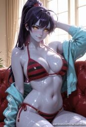 ai_generated widowmaker overwatch overwatch_2 kermixx 1girl solo long_hair breasts looking_at_viewer blush smile bangs large_breasts black_hair navel cleavage bare_shoulders sitting closed_mouth collarbone jacket swimsuit yellow_eyes ponytail purple_hair bikini open_clothes striped shiny indoors off_shoulder stomach arm_up open_jacket wet shiny_skin window side-tie_bikini_bottom colored_skin halterneck plant blue_jacket couch backlighting striped_bikini
