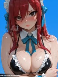 1girl 1girls ai_generated arlequin097 arm_under_breasts bare_shoulders bikini black_bikini blue_background blue_bow blue_bowtie blue_ribbon blush bow bowtie breasts breath brown_eyes cleavage closed_mouth cross_earrings detached_collar earrings erza_scarlet eyelashes fairy_tail frilled_bikini frills hair_between_eyes hair_ribbon holding_own_arm jewelry large_breasts lips long_hair looking_at_viewer maid maid_bikini maid_headdress red-haired_female red_hair ribbon shiny_clothes shiny_skin sidelocks simple_background skindentation solo sweat swimsuit unconventional_maid upper_body wet wet_hair wrist_cuffs