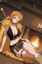 1girl ;) ai_generated belt boots bracelet braid breasts brown_eyes candle cape cleavage closed_mouth collarbone crop_top digitalwaifugallery earrings feet_out_of_frame fire fur_cape fur_trim hi_res high_quality high_resolution indoors jewelry large_breasts long_hair looking_at_viewer midriff miniskirt nami_(one_piece) navel one_eye_closed one_piece orange_hair patreon patreon_username seductive sexy sitting skirt smile solo sword thigh_strap thighs uncensored watermark weapon wooden_floor