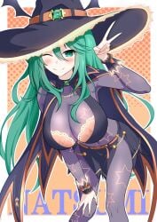 1girl belt blush bodystocking bodysuit breasts cape cleavage green_hair green_eyes hat huge_breasts long_hair looking_at_viewer one_eye_closed orange_background orange_belt skin_tight smile star_(symbol) star_print thighs v witch_hat kyouno_natsumi kyouno_natsumi_(adult) bael_(user_namr3542) date_a_live