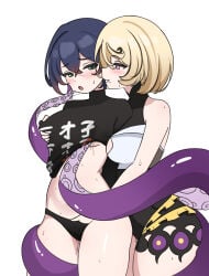 2girls :o absurdres arutemisu180 asymmetrical_shorts bare_shoulders belle_(zenless_zone_zero) black_panties black_shirt blonde_hair blue_hair blush breasts covered_nipples cowboy_shot grabbing_another's_breast green_eyes groping hair_between_eyes hand_under_clothes highres large_breasts looking_at_another medium_breasts mole mole_under_mouth multicolored_hair multiple_girls navel open_mouth panties purple_eyes pussy_juice shirt short_hair simple_background smile sweat tentacle_girl tentacle_tail tentacles tentacles_under_clothes underwear white_background white_shirt yidhari_murphy yuri zenless_zone_zero