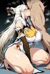 ai_generated novart01 1girl clothing female genshin_impact male 1boy breasts ningguang_(genshin_impact) long_hair hetero dress blush thighs white_hair oral hair_ornament large_breasts sweat elbow_gloves fellatio red_eyes tassel deepthroat hairpin gloves bangs kneeling china_dress parted_bangs fur_collar bare_shoulders thick_thighs chinese_clothes high_heels claw_ring solo_focus squatting clothed_female_nude_male very_long_hair nude stray_pubic_hair tassel_hair_ornament covered_nipples hair_stick pelvic_curtain penis side_slit white_dress from_side black_footwear irrumatio implied_fellatio fur_trim gradient_background sidelocks detached_sleeves black_gloves