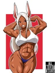 1girls abs animal_ears arm_behind_head big_breasts bottomwear breasts bunny_ears female female_only flexing hair hips long_hair mirko miruko muscles muscular muscular_female my_hero_academia nipple_bulge purple_thong red_eyes redbean_arts rumi_usagiyama smile solo solo_female tank_top thick_thighs thighs thong topwear underwear white_hair white_tank_top wide_hips