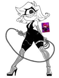 black_and_white blush choker cleavage cyclops dominatrix gloves hazbin_hotel high_heel_boots high_heels holding holding_object niffty one_eye onesie sensible_dude2 sharp_teeth short_hair slim_waist small_breasts smile tagme thick_thighs tight_clothing voluptuous wide_hips