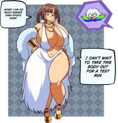 mankanshoku_mako kill_la_kill gigantic_breasts hyper thick_thighs wide_hips curvy voluptuous alternate_body_type breast_expansion ass_expansion smug feather_boa cocktail_dress shocked kiryuuin_ragyou white_dress
