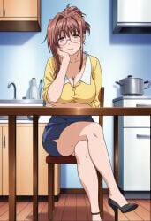 ai_generated beautiful_woman crossed_legs_(sitting) glasses hitozuma_kasumi-san kitchen large_breasts matsubara_kasumi mature_woman sfw skirt tight_skirt
