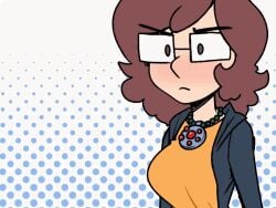 brellom brellom_(character) brellomascot brells artist_self-insert glasses big_breasts light-skinned_female female brown_hair digital_drawing_(artwork) original_character original hoodie clothed breast_expansion amulet blushing animated_gif 2010s 2017