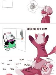2boys absurd_res anthro blush blush_lines bovid caprine darkner deltarune duo eyeshadow eyewear felid feline flustered from_front_position fur glasses goat hair heart_eyes heart_symbol hi_res horn insate licking lying makeup male male/male mammal meme missionary_position moan neck_lick on_back pink_eyes pink_eyeshadow plap ralsei ralsei_smoking_blunt red_body red_fur sex smoking thought_bubble tongue undertale_(series) wearing_glasses white_body white_fur white_hair