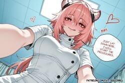 ai_generated ai_assisted fatest_squirrel arknights gravel_(arknights) english_text upper_body 1girl animal_ear_fluff brown_eyes white_pupils pink_hair long_hair hair_between_eyes medium_breasts nurse full-face_blush smile open_mouth licking_lips