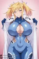 1girl breasts bodysuit solo blonde_hair twintails blue_eyes blue_bodysuit cleavage smile covered_navel looking_at_viewer blush clothing_cutout large_breasts skin_tight shiny cleavage_cutout open_clothes pointy_ears coat gloves bangs hair_ribbon ribbon gradient shiny_hair gradient_background open_coat curvy shiny_clothes long_hair hair_between_eyes watermark cowboy_shot huge_breasts shinganji_kurenai taimanin_(series) taimanin_rpgx unjobdespiert ai_generated 1female huge_ass big_breasts big_ass 1girls 2026 artist_name hi_res highres high_quality high_resolution patreon_username patreon