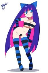 1girl blue_hair large_breasts long_hair looking_down panty_&_stocking_with_garterbelt pink_inner_hair pissgata pussy_tape simple_background solo stocking_(psg) stocking_anarchy strapless_top thighhighs