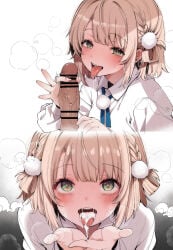 1boy 1girl bar_censor blush braid brown_hair censored collared_shirt commentary_request cum cum_in_mouth cum_on_tongue cupping_hands dark-skinned_male fujisaki_hikari green_eyes hair_ornament half_up_braid handjob heart heart_in_eye hetero highres hypnosis indie_virtual_youtuber looking_at_viewer mind_control open_mouth own_hands_together penis pom_pom_(clothes) pom_pom_hair_ornament shigure_ui_(1st_costume)_(vtuber) shigure_ui_(vtuber) shirt short_hair symbol_in_eye teeth textless_version tongue tongue_out two-finger_handjob upper_teeth_only veins veiny_penis virtual_youtuber white_shirt