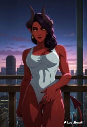horns breasts tail solo red_skin colored_skin pointy_ears demon_tail demon_girl one-piece_swimsuit demon_horns jewelry clothing_aside white_one-piece_swimsuit earrings yellow_eyes sky swimsuit long_hair looking_at_viewer pussy leotard_aside night muscular_female colored_sclera cleavage black_hair black_nails large_breasts leotard muscular covered_navel fingernails artist_name collarbone star_(sky) swimsuit_aside highleg lustboxai hi_res ai_generated malevola_gibb malevola_(dispatch) dispatch_(game) 1girls female_human