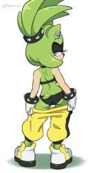 1girls anthro ass butt_crack female female_only furry furry_female furry_only gloves green_fur idw_publishing pants_down punk sega solo solo_female solo_focus sonic_(series) sonic_the_hedgehog_(comics) sonic_the_hedgehog_(idw) sonic_the_hedgehog_(series) surge_the_tenrec tenrec theotherhalf undressing