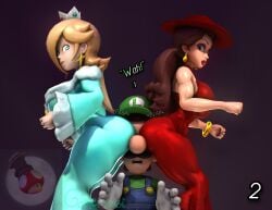 1boy 2026 2girls 3d 3d_(artwork) ass ass_on_face big_ass black_eyes blonde_hair blue_dress brown_hair clothing crown dialogue dress ear_piercing earrings facesitting facial_hair female gamer126i gloves green_hat green_shirt hat height_difference kabalmystic_(style) larger_female light-skinned_female light-skinned_male light_skin lipstick long_hair looking_at_another looking_back looking_back_at_another luigi male male/female/female mario_(series) mature mature_female mature_male nintendo overalls part_2 pauline pauline_(mario) princess princess_rosalina red_dress red_hat red_lipstick royalty shirt short_hair shorter_male smile taller_female text voluptuous voluptuous_female white_gloves