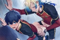 backshots red_face male_ass gay gay_sex yaoi blue_lock isagi_yoichi michael_kaiser ai_generated against_wall sex