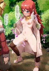 1boy 1girl absurdres bar_censor blonde_hair blue_eyes blush bowlegged_pose breasts bush censored coat commentary_request earrings exhibitionism gloves green_gloves highres jewelry long_hair mice_(rune_factory) naked_coat nipples parted_lips pink_scarf pink_shoes pointacid_(po_yin_to) pointy_ears public_indecency public_nudity pussy red_hair rune_factory rune_factory_3 scarf shoes speech_bubble toona translation_request