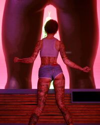 1girls 3d 3d_(artwork) 3dcg absurd_res absurd_resolution absurdres ass ass_cleavage ass_focus back_view back_view_female bare_shoulders beautiful_woman brown-haired_female character_request cyberpunk_(series) cyberpunk_2077 denim_short_shorts denim_shorts edited_screencap ezio_(kaya) filter filtered game_cg high_quality high_resolution highres jean_shorts leaning_hips leaning_to_the_side mature_woman multiple_tattoos oblivious short-haired_female tattoos tight_shorts tomboy unbothered