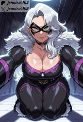 1girl ai_generated belt black_bodysuit black_cat_(marvel) black_cat_(marvel_rivals) black_choker bodysuit breasts choker cleavage closed_mouth clothing collarbone curvy domino_mask earrings english_text felicia_hardy female female_only fur_trim green_eyes jennieart02 jewelry kneeling large_breasts lips lipstick long_hair looking_at_viewer makeup marvel marvel_comics marvel_rivals mask mole patreon patreon_logo patreon_username seiza smile solo sweat thick_thighs thighs twitter twitter_username watermark white_hair