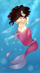 breasts brown_eyes brown_hair female female_only glasses hair_over_one_eye hands_on_own_chest long_hair looking_at_viewer mermaid mollythewhopped monster_girl navel nipples original solo tail tail_fin topless underwater water wavy_hair wide_hips