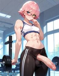 futanari ai_generated moonlightfuta big_penis solo solo_futa futa_only gym gym_clothing heterochromia pink_hair short_hair shy shy_expression abs athletic fit_futa small_breasts cute original_character