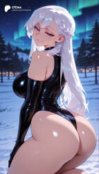 cartoony cartoon big_ass big_breasts large_breasts large_ass 1girls 1girl straight female solo_focus female_focus blurry_background blurred_background depth_of_field breasts ass thin_waist small_waist ai_generated odexai thick_thighs wide_hips absurd_res absurdres hi_res highres high_resolution high_quality belfast_(azur_lane) azur_lane window aurora long_hair white_hair braid purple_eyes thighs bare_shoulders looking_back blush french_braid huge_ass gloves leotard elbow_gloves latex looking_at_viewer kneeling outdoors snow solo tree blurry from_behind smile night black_leotard black_gloves latex_gloves highleg sky night_sky highleg_leotard closed_mouth shiny_clothes thong_leotard