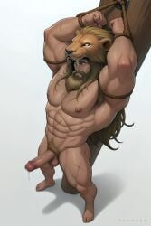1boy 2d ai_assisted ai_generated armpit_hair balls bara bdsm beard body body_hair bondage bound bound_wrists erection facial_hair from_above full hades_(game) hades_2 hairy hands_above_head heracles_(greek_mythology) heracles_(hades) human leaking_cum male male_focus male_only male_pubic_hair muscular muscular_male penis solo thumosx yaoi
