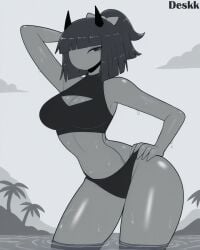 ai_generated arms_behind_head artist_name beach bikini breasts deskk female female_focus female_only fundamental_paper_education hand_on_hip horns in_water looking_at_viewer medium_breasts miss_bloomie_(fundamental_paper_education) monochrome one_eye_visible ponytail short_hair solo solo_female solo_focus surprised sweat sweatdrop swimsuit wet