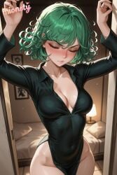 1girls ai_generated alternate_breast_size arms_up artist_name bed bedroom black_dress blurry blurry_background blush breasts cleavage closed_eyes closed_mouth collarbone collared_dress collared_shirt covered_navel cowboy_shot curly_hair door doorway dress embarrassed eyelashes facing_viewer female female_only floating_clothes green_hair groin heart highleg highleg_leotard indoors large_breasts leotard levitation lips long_sleeves medium_breasts meme messy_hair mionety mirror no_bra no_panties nose_blush on_bed one-punch_man open_door opening_door pelvic_curtain pillow pov_doorway short_hair solo standing sweat tatsumaki thighs wide_hips