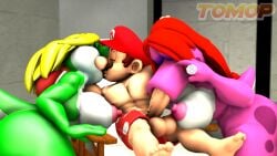 1boy 2girls 3d 3d_(artwork) anthro balls big_breasts big_penis big_thighs birdo blonde_hair blowjob breasts brown_hair cap closed_eyes female_anthro female_anthro/male_human hat human kabalmystic_(style) kiss kissing light-skinned_female light_skin male_human male_human/female_anthro mario mario_(series) mustache nintendo nipples penis red_cap red_hair red_hat rule_63 sfm source_filmmaker tail thick thick_hips thick_thighs thighs threesome tomop trio wide_hips yoshi