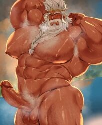 armpit armpit_hair armpits balls bara beard blush body_hair boner elden_ring erection facial_hair godfrey_first_elden_lord hand_behind_head heavy_sweating kaeru333938123 male male_only muscles muscular musk nude penis solo solo_male sweat sweating