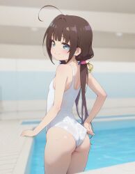 hinatsuru_ai blue_eyes brown_hair swimsuit pool heavenly_ass heavenly_body bubble_butt temptation tempting_viewer adjusting_swimsuit slutty_female slutty_body slim_female petite_female slim_waist sexy sexy_pose flat_chest pretty_face ai_generated beautiful_girl