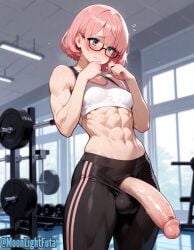 futanari ai_generated moonlightfuta big_penis solo solo_futa futa_only gym gym_clothing heterochromia pink_hair short_hair shy shy_expression abs athletic fit_futa small_breasts cute original_character