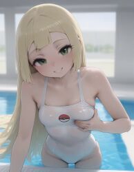 adjusting_swimsuit ai_generated beautiful_girl blonde_female bubble_butt flat_chest green_eyes heavenly_ass heavenly_body lillie_(pokemon) petite_female pokemon pool pretty_face sexy sexy_pose slim_female slim_waist slutty_body slutty_female swimsuit temptation tempting_viewer