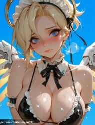 ai_generated arlequin097 mercy overwatch overwatch_2 1girl solo breasts looking_at_viewer blush short_hair blue_eyes simple_background large_breasts blonde_hair ribbon closed_mouth cleavage bare_shoulders collarbone upper_body swimsuit heart bikini sweat frills wings halo symbol-shaped_pupils wet lips head_tilt maid maid_headdress shiny_skin neck_ribbon black_ribbon detached_collar black_bikini blue_background underboob heart-shaped_pupils breath string_bikini frilled_bikini pink_lips mechanical_halo unconventional_maid mechanical_wings maid_bikini spread_wings yellow_wings glowing_wings