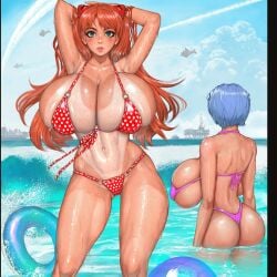 2girls alternate_breast_size areolae ass asuka_langley_sohryu big_breasts blue_eyes blue_hair breasts female female_only hanging_breasts huge_breasts long_hair neon_genesis_evangelion ocean randystarfru1t rei_ayanami tan_body tan_skin tanline thick_thighs top_heavy wide_hips