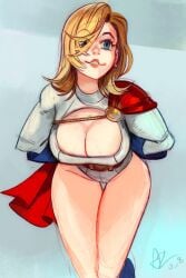 1girls alex_ahad big_breasts blonde_hair blue_boots blue_eyes blue_gloves boob_window boobs boobs_focus boots breasts cape cleavage cleavage_cutout dc dc_comics female female_kryptonian female_only gloves grey_background hips hips_focus huge_breasts kara_zor-l karen_starr large_breasts leotard medium_hair pin_up power_girl power_girl_cosplay_pose_(missfaves) red_cape smile solo solo_female superman_(series) thick_thighs thighs white_leotard