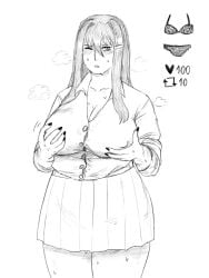 mincedguts_228 yuri_(doki_doki_literature_club) doki_doki_literature_club female female_only strip_game clothing clothed nipples nipple_bulge nipples_visible_through_clothing school_uniform shirt skirt sketch big_breasts big_thighs big_nipples big_belly big_boobs wide_hips wide_thighs blush wink chubby chubby_female