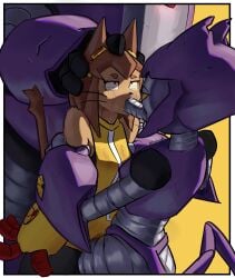 2girls anthro extreme_french_kiss female gameoverse glitch_productions goggles_on_head grabbing hand_on_head kit_(gameoverse) long_tongue malice_(gameoverse) oral_penetration polyhazards robot robot_girl tears tongue_penetration yuri