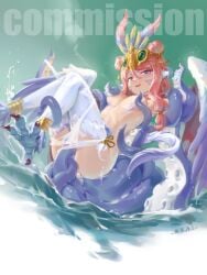absurdres bird_legs blue_eyes blue_feathers blush breasts commission consensual_tentacles english_commentary feathered_wings feathers gradient_wings harpy headdress highres lason leotard looking_at_viewer monster_girl multicolored_wings open_mouth original pink_hair small_breasts talons tentacles tentacles_under_clothes thighhighs white_leotard white_thighhighs winged_arms wings