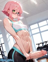 futanari ai_generated moonlightfuta big_penis solo solo_futa futa_only gym gym_clothing heterochromia pink_hair short_hair shy shy_expression abs athletic fit_futa small_breasts cute original_character