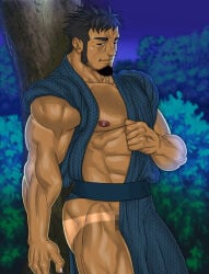 1boy ass bara black_hair censored galeoria_(pixiv) gay goatee japanese_clothes male male_only mosaic_censoring muscular night nipples original outdoors solo tagme tan_skin tanline yaoi